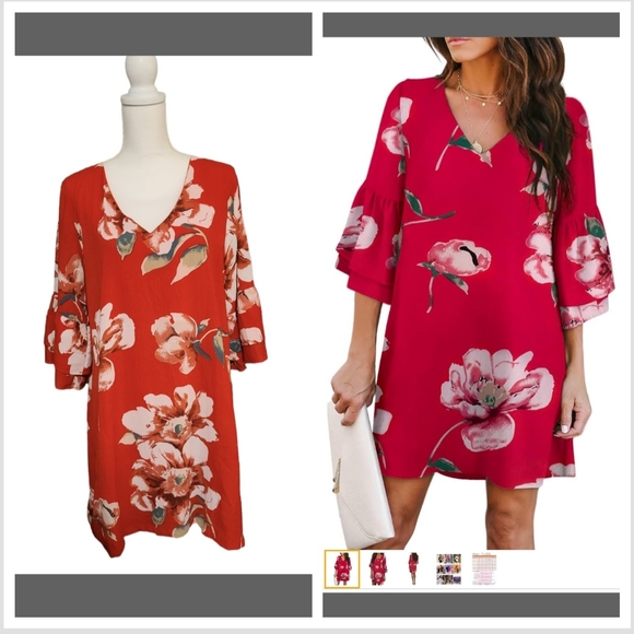 Summer Dress Cute V-Veck Bell Sleeve Shift Mini Red with Flowers Size XL - Picture 4 of 4